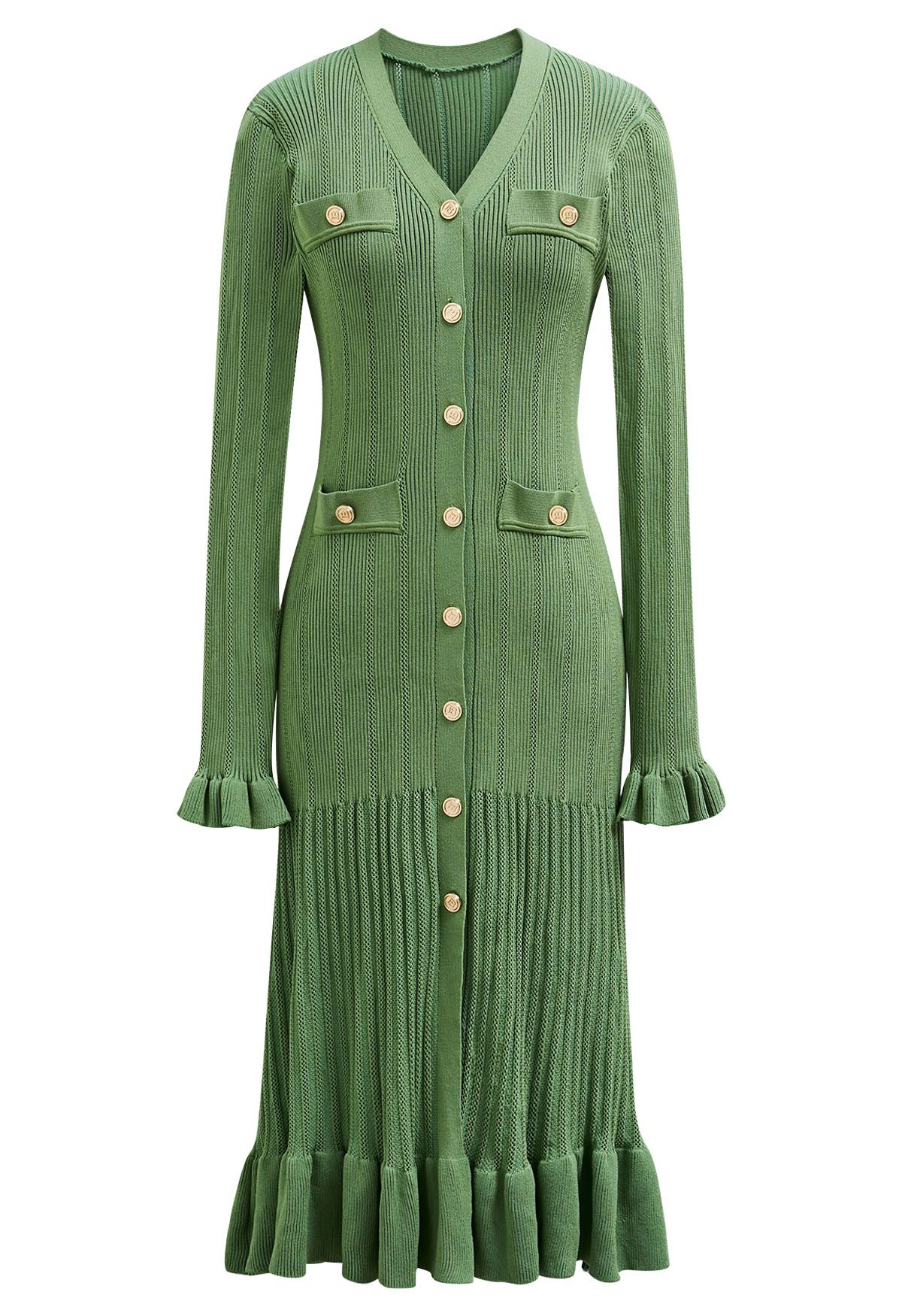 Vestido de punto calado con botones, escote en V y volantes elegantes en verde