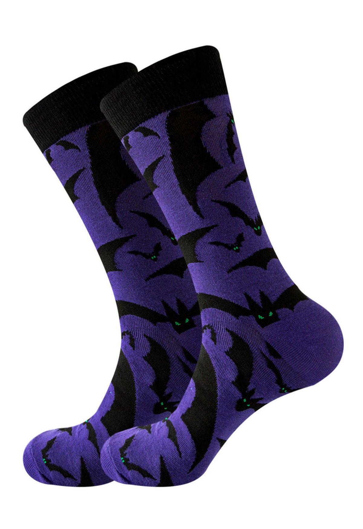 Calcetines de media pantorrilla con murciélagos de Halloween en color morado