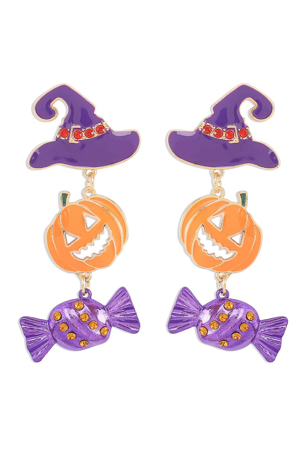 Pendientes de calabaza con forma de sombrero de bruja y caramelo en color morado