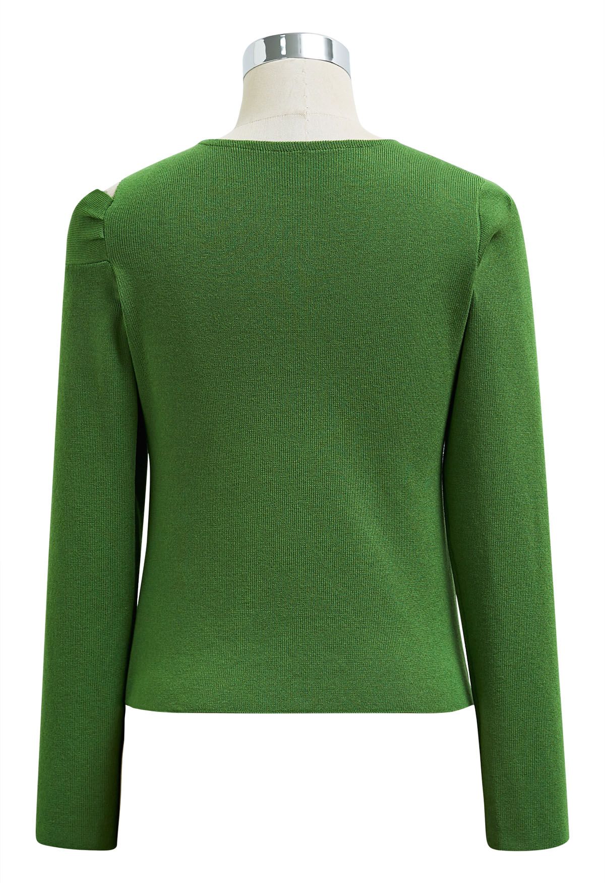 Blusa de punto de manga larga con escote anudado en los hombros en color verde