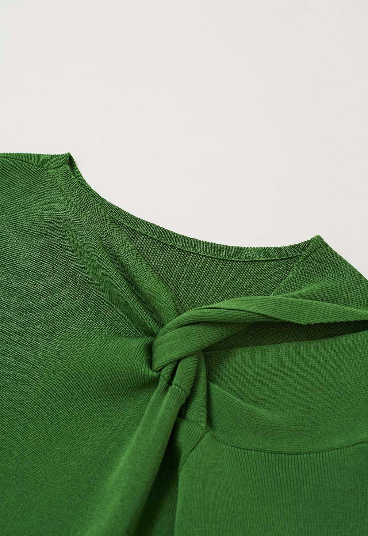 Blusa de punto de manga larga con escote anudado en los hombros en color verde