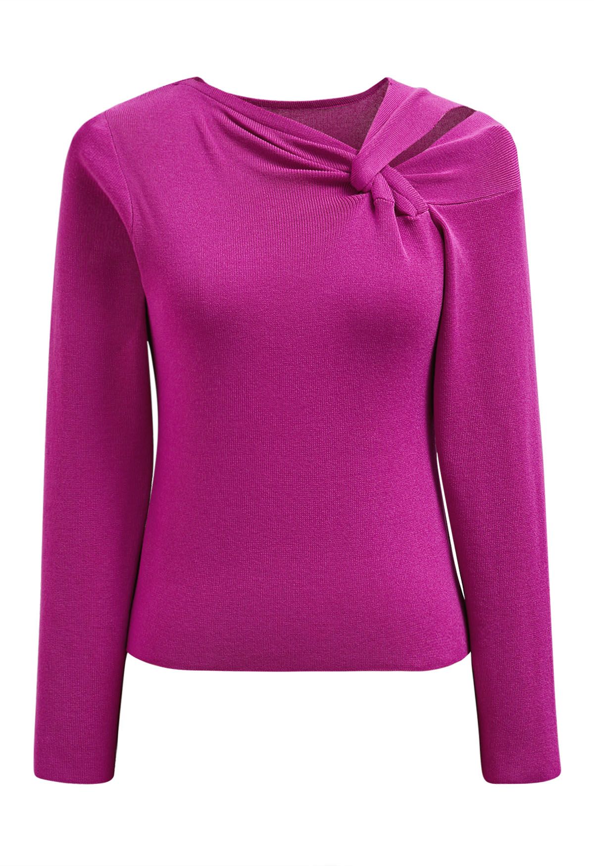 Blusa de punto de manga larga con escote anudado en los hombros en color magenta