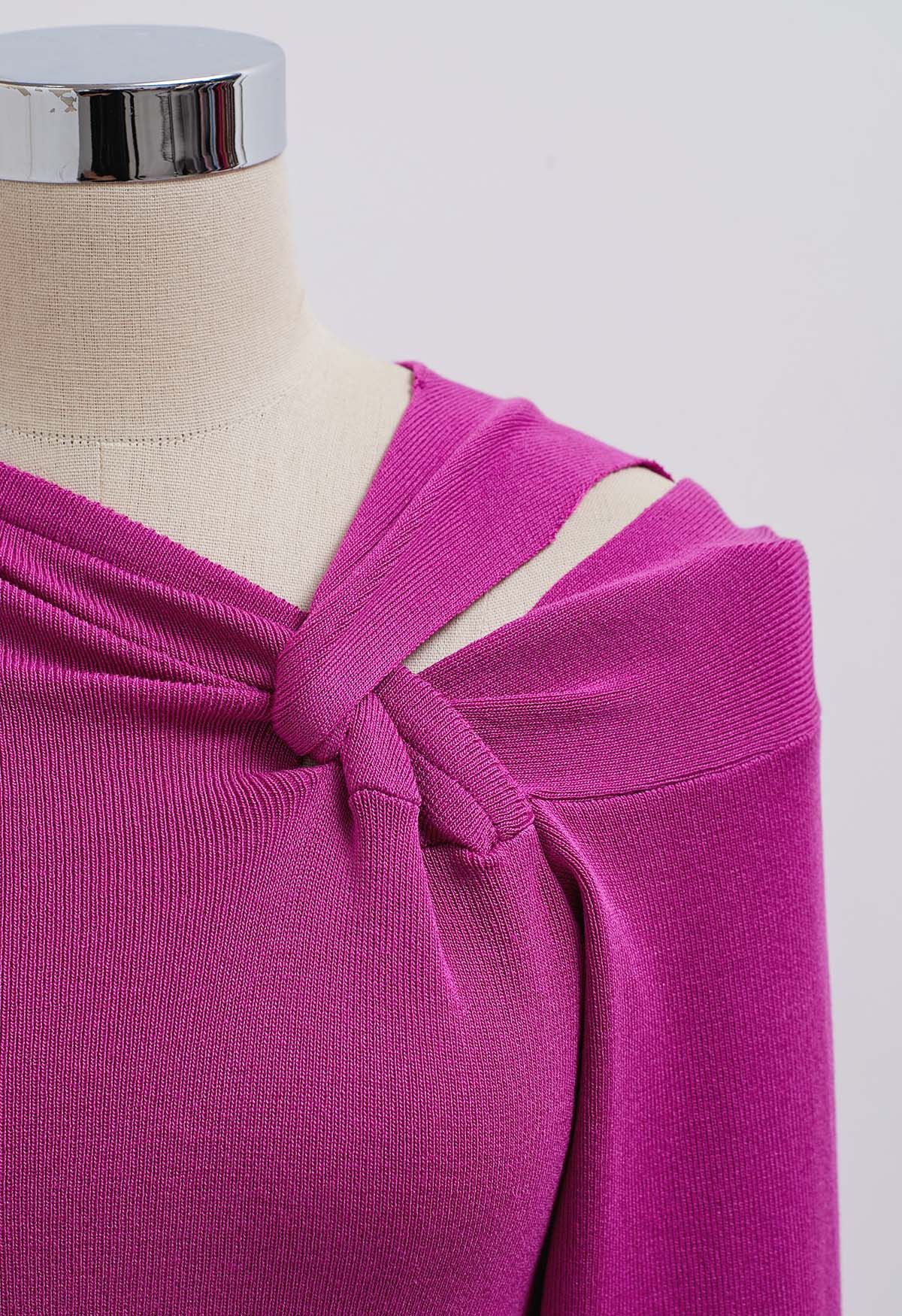 Blusa de punto de manga larga con escote anudado en los hombros en color magenta