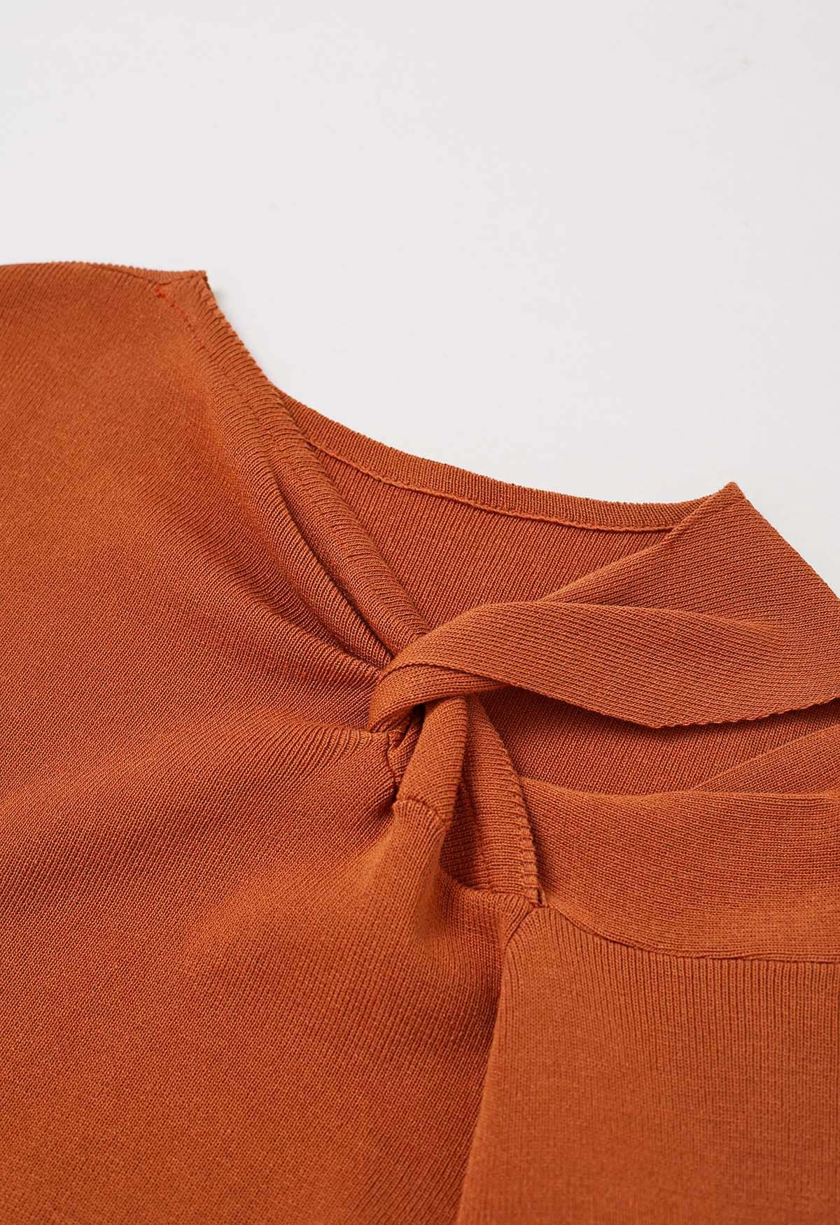 Blusa de punto de manga larga con escote anudado en los hombros en color calabaza