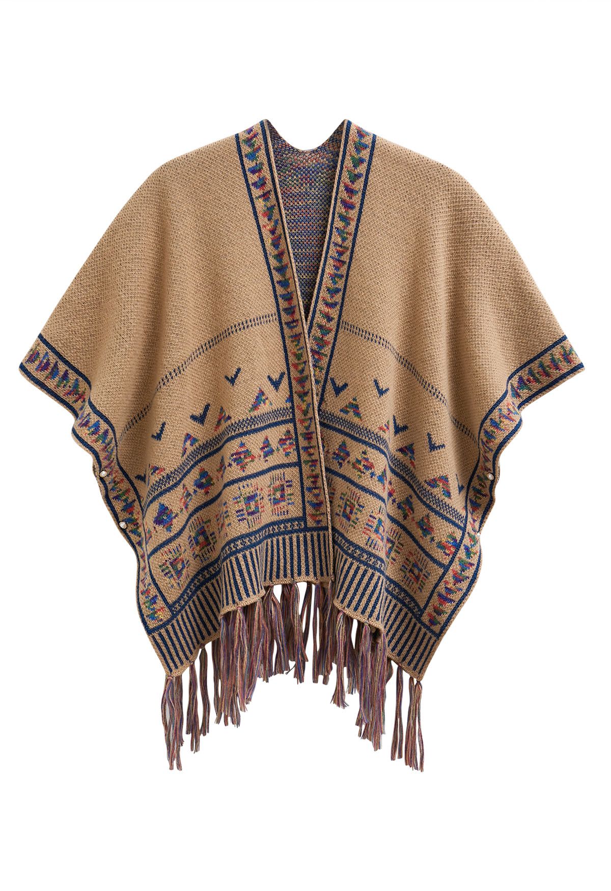 Poncho de punto con flecos Boho Wanderer en color camel