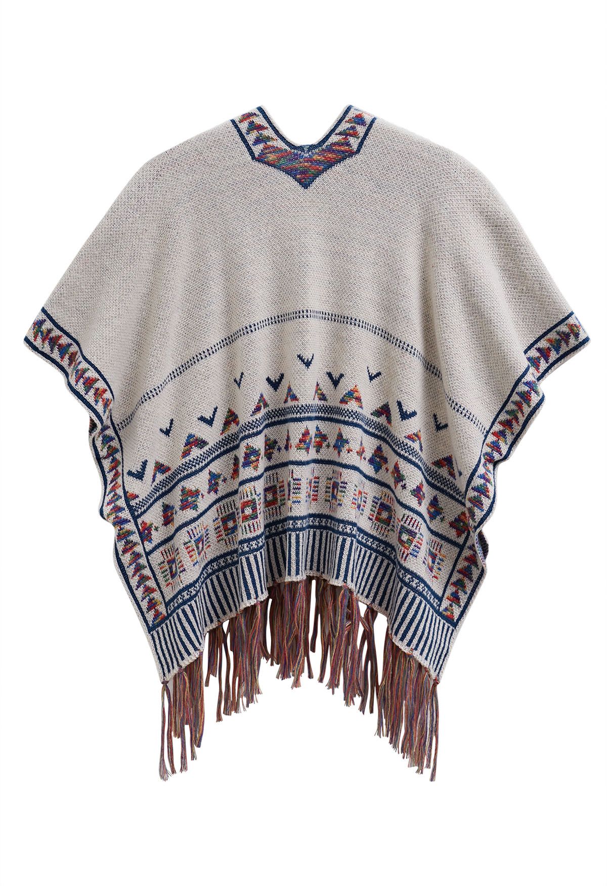 Poncho de punto con flecos Boho Wanderer en color marfil