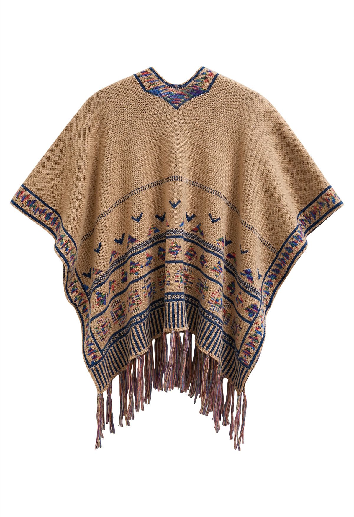 Poncho de punto con flecos Boho Wanderer en color camel