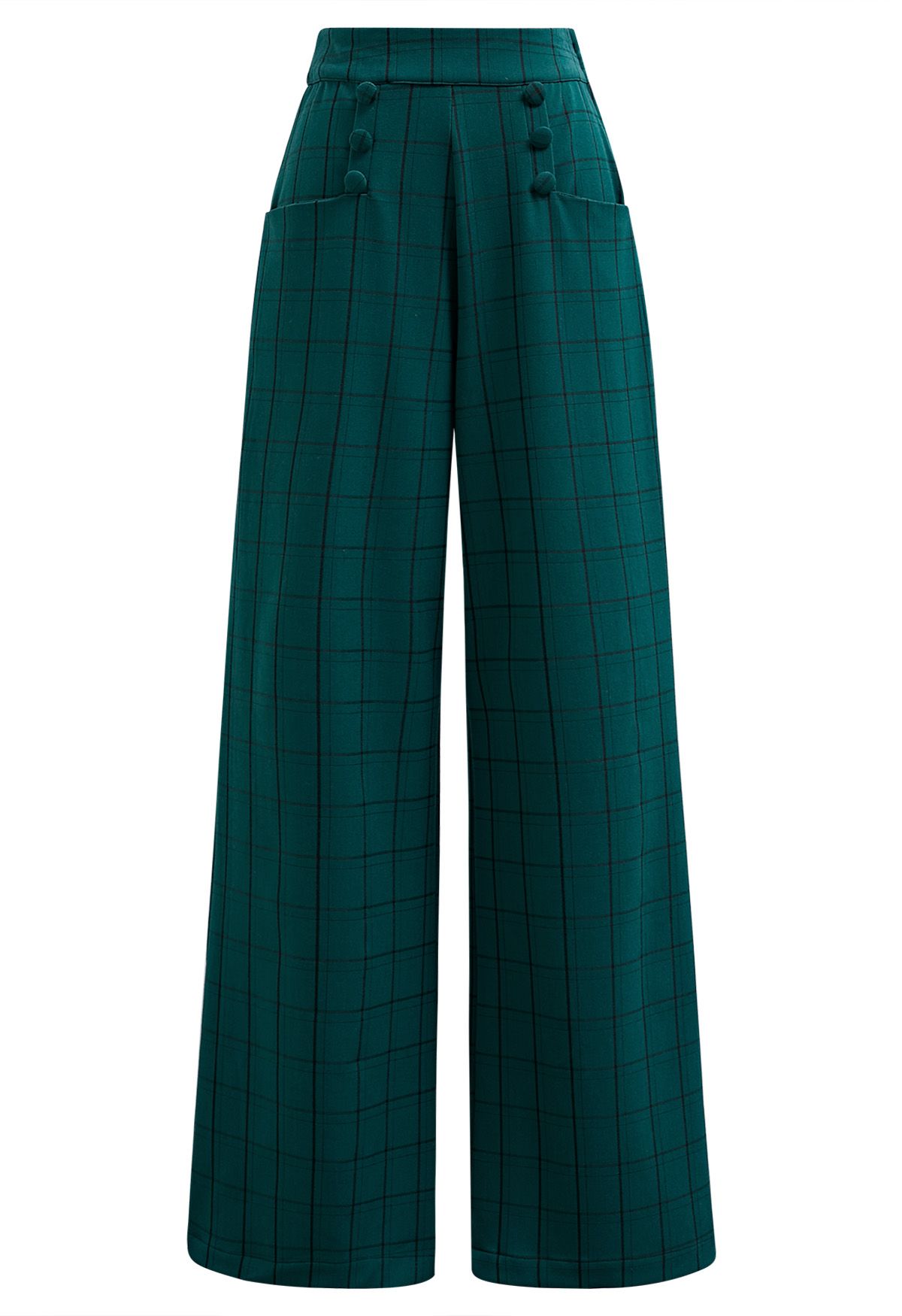 Pantalones rectos con botones y estampado de cuadrícula en verde oscuro