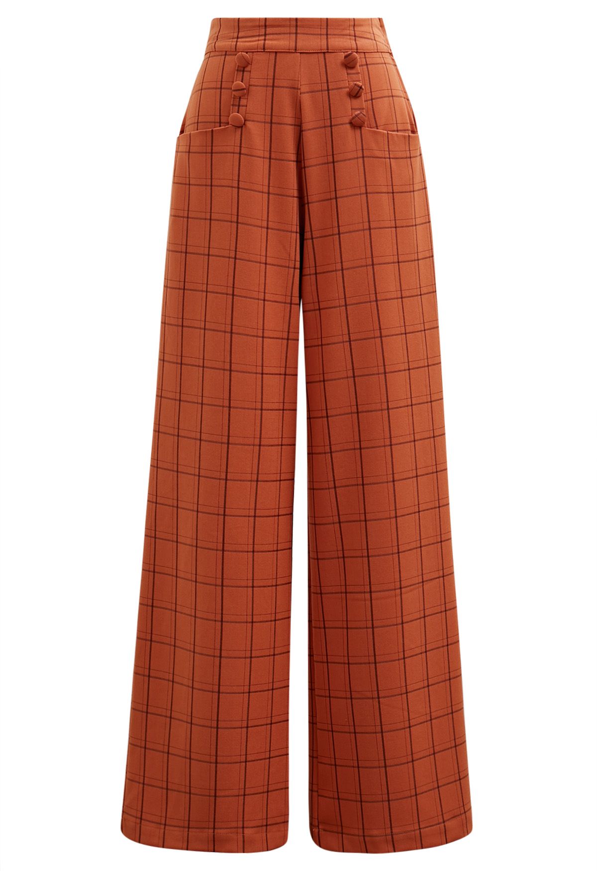 Pantalones rectos con botones y estampado de cuadrícula en color naranja