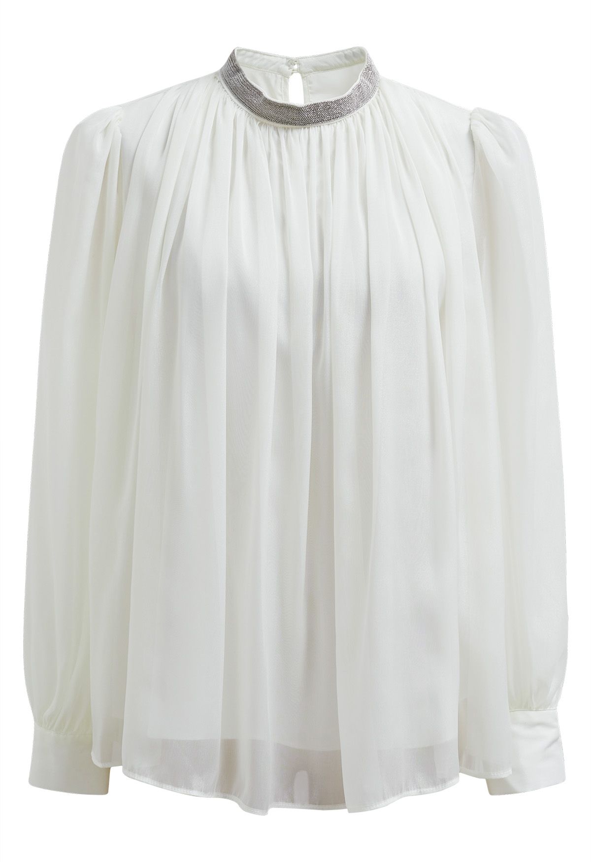 Blusa transparente con escote de cuentas brillantes en color blanco