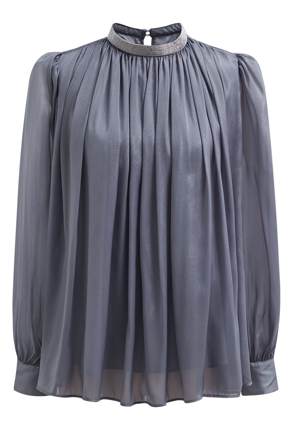 Blusa transparente con escote de cuentas brillantes en gris