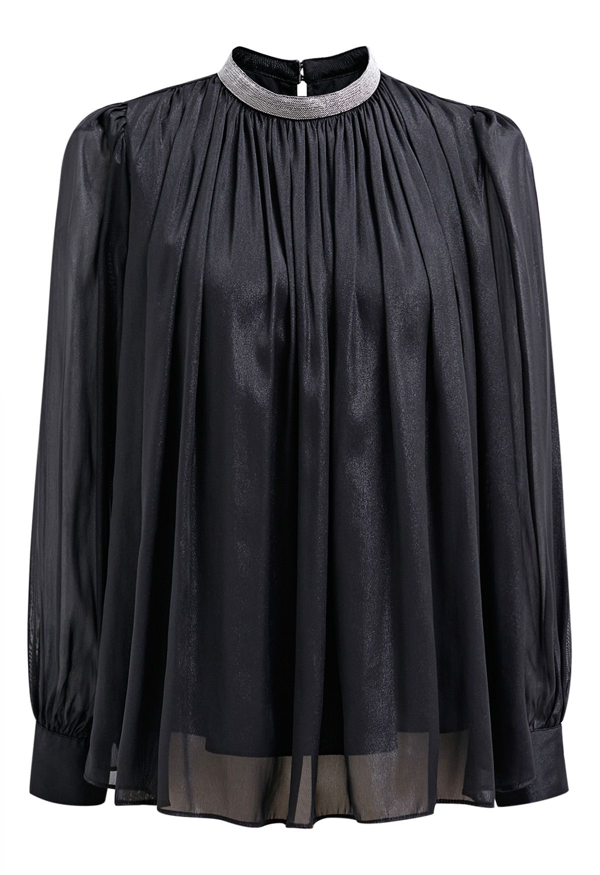 Blusa transparente con escote de cuentas brillantes en negro