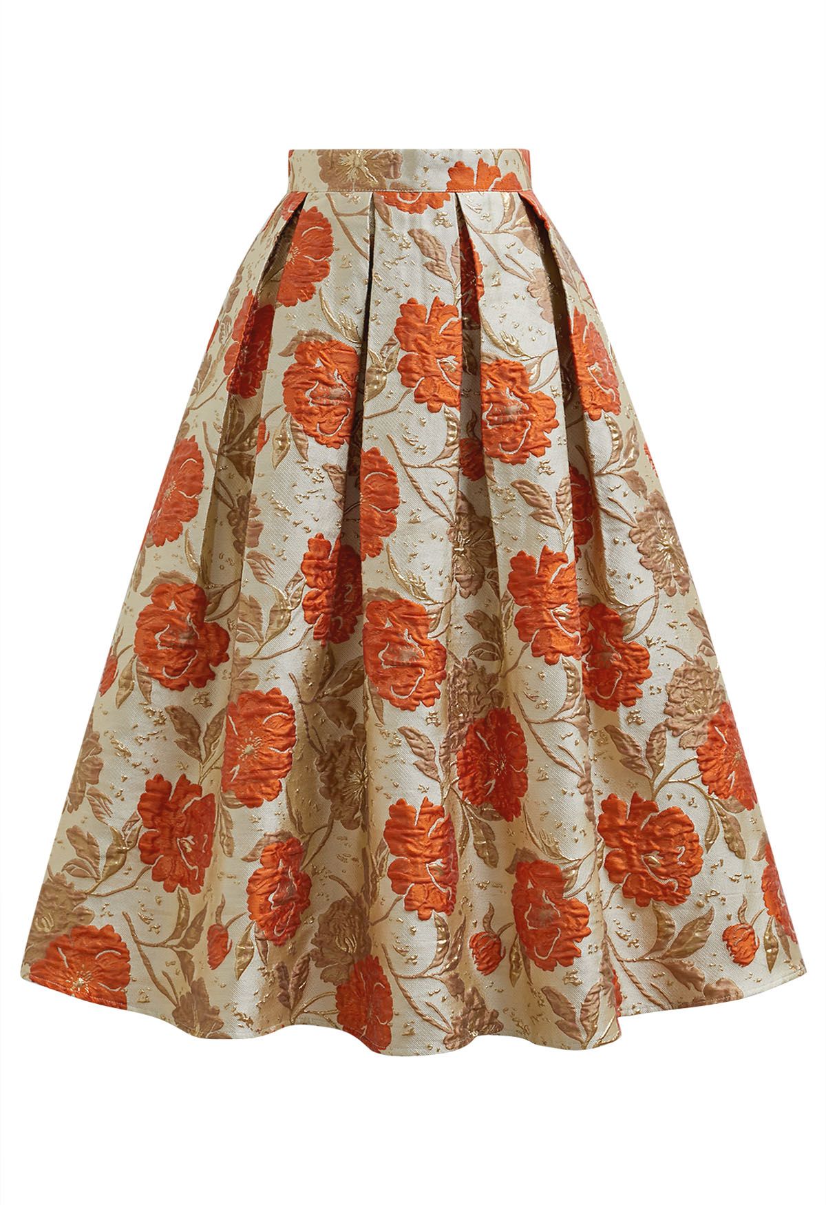 Falda midi plisada con vuelo y estampado floral en jacquard en color naranja