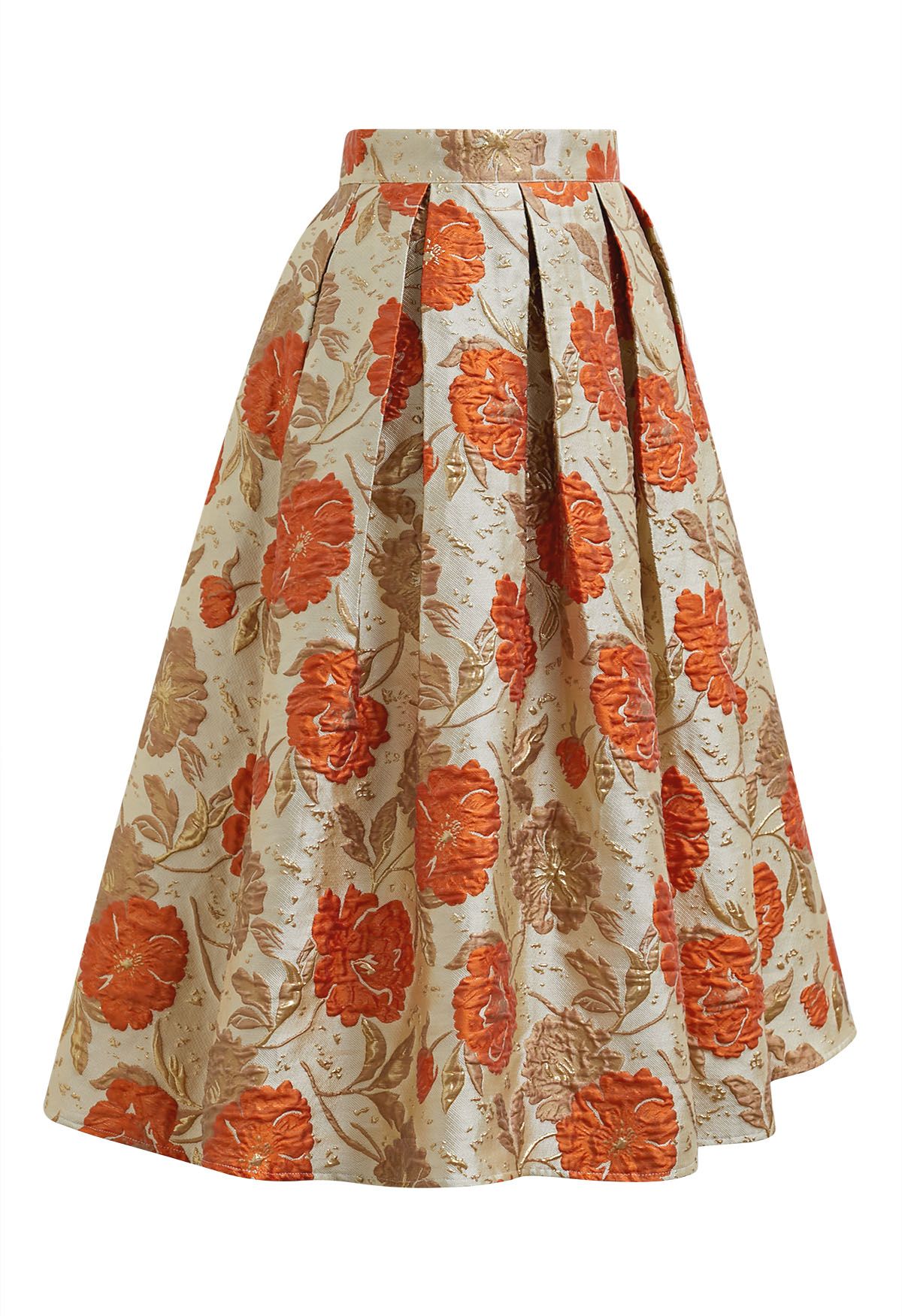 Falda midi plisada con vuelo y estampado floral en jacquard en color naranja