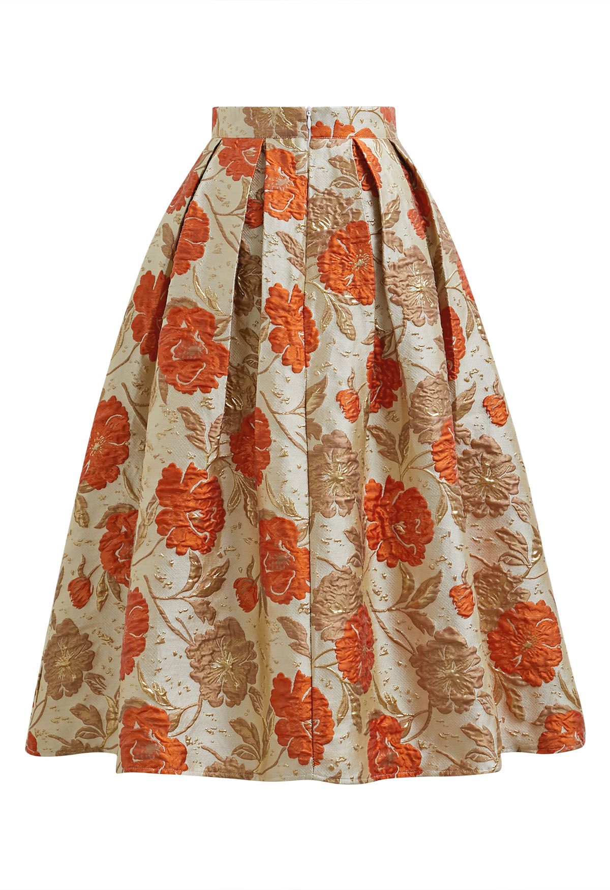 Falda midi plisada con vuelo y estampado floral en jacquard en color naranja