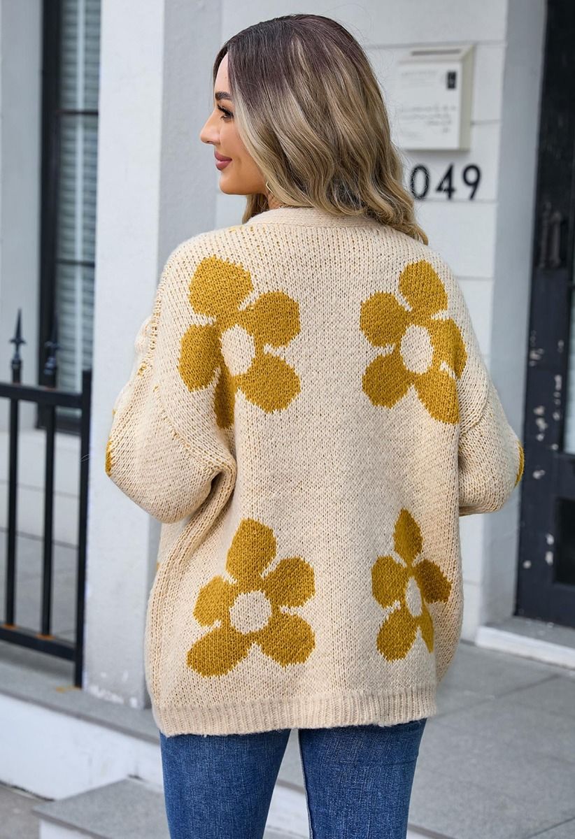 Cárdigan de punto con estampado floral y abertura frontal en amarillo claro