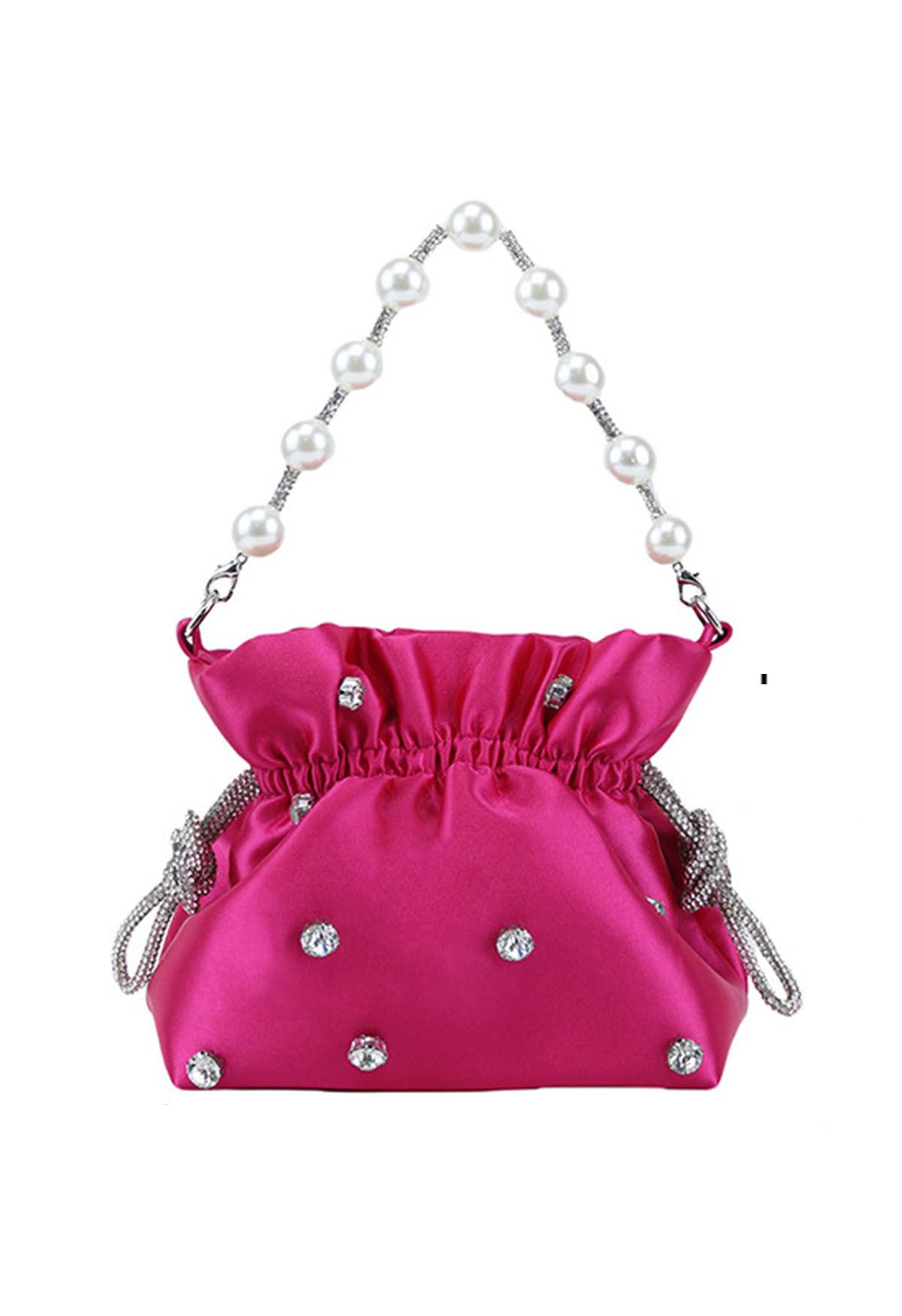 Bolso bandolera con cordón y decoración de diamantes de imitación en color rosa intenso