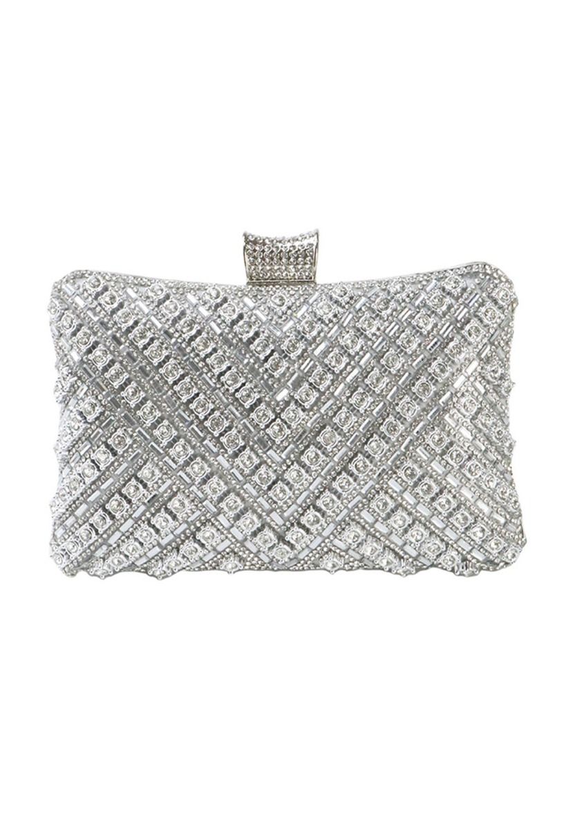 Cartera de mano con superposición de diamantes de imitación en color plateado