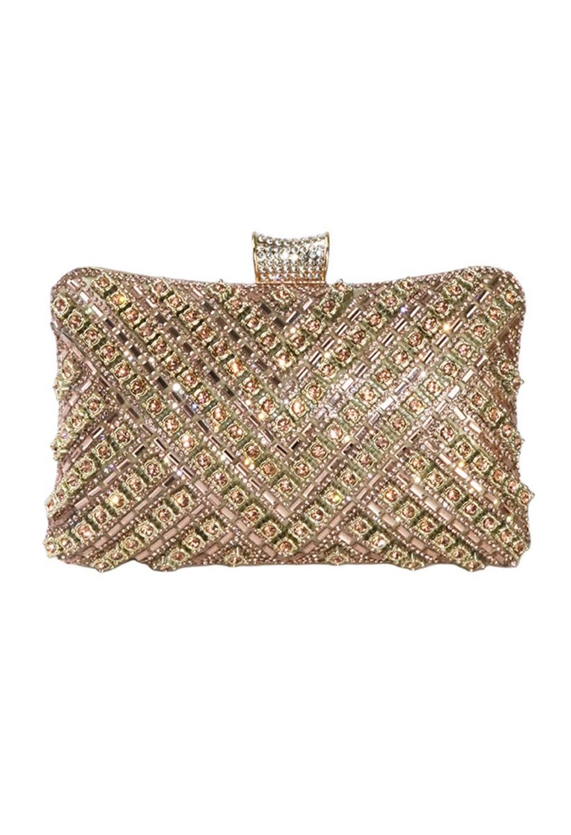 Cartera de mano con superposición de diamantes de imitación en color champán