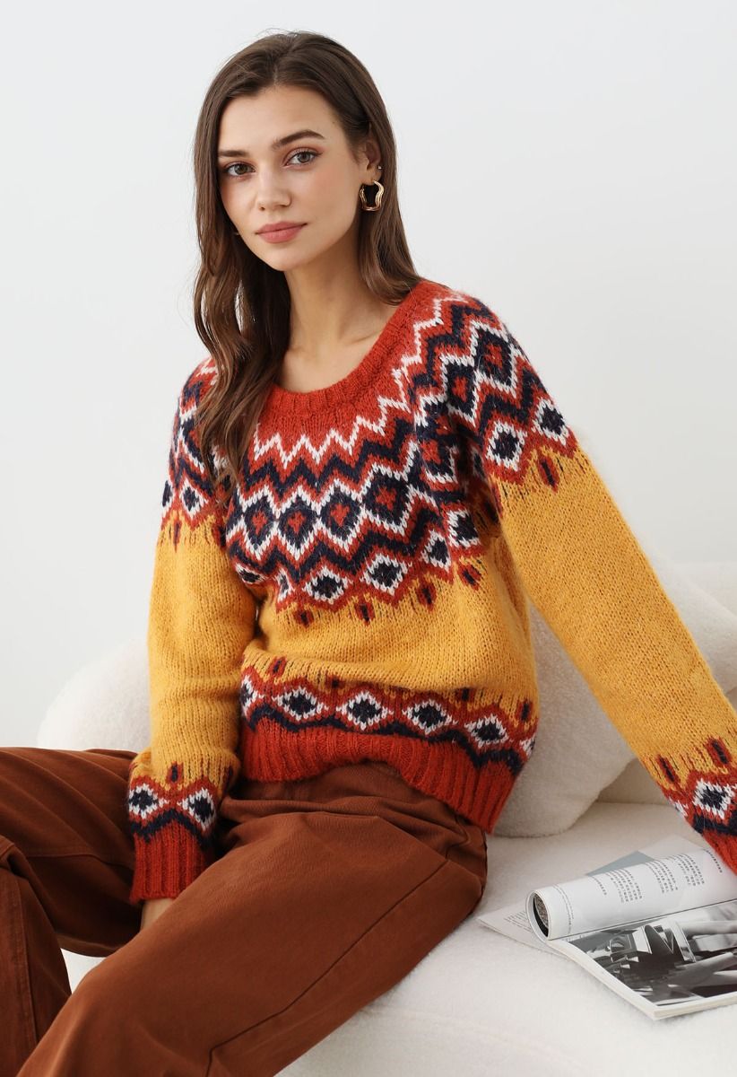 Suéter de punto Fair Isle de Nordic Charm en color naranja