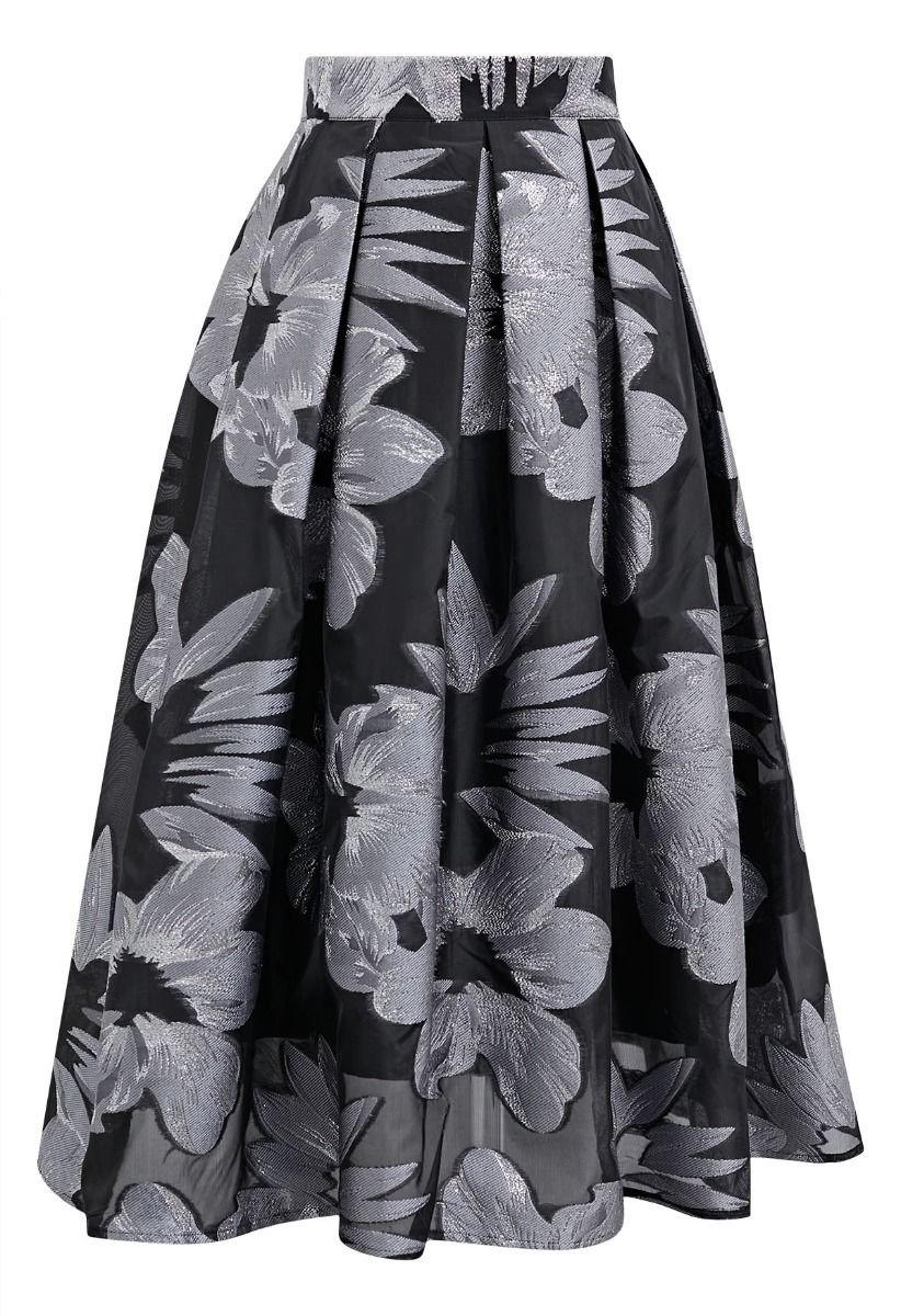 Atractiva falda midi plisada de organza con estampado floral en jacquard en color plateado