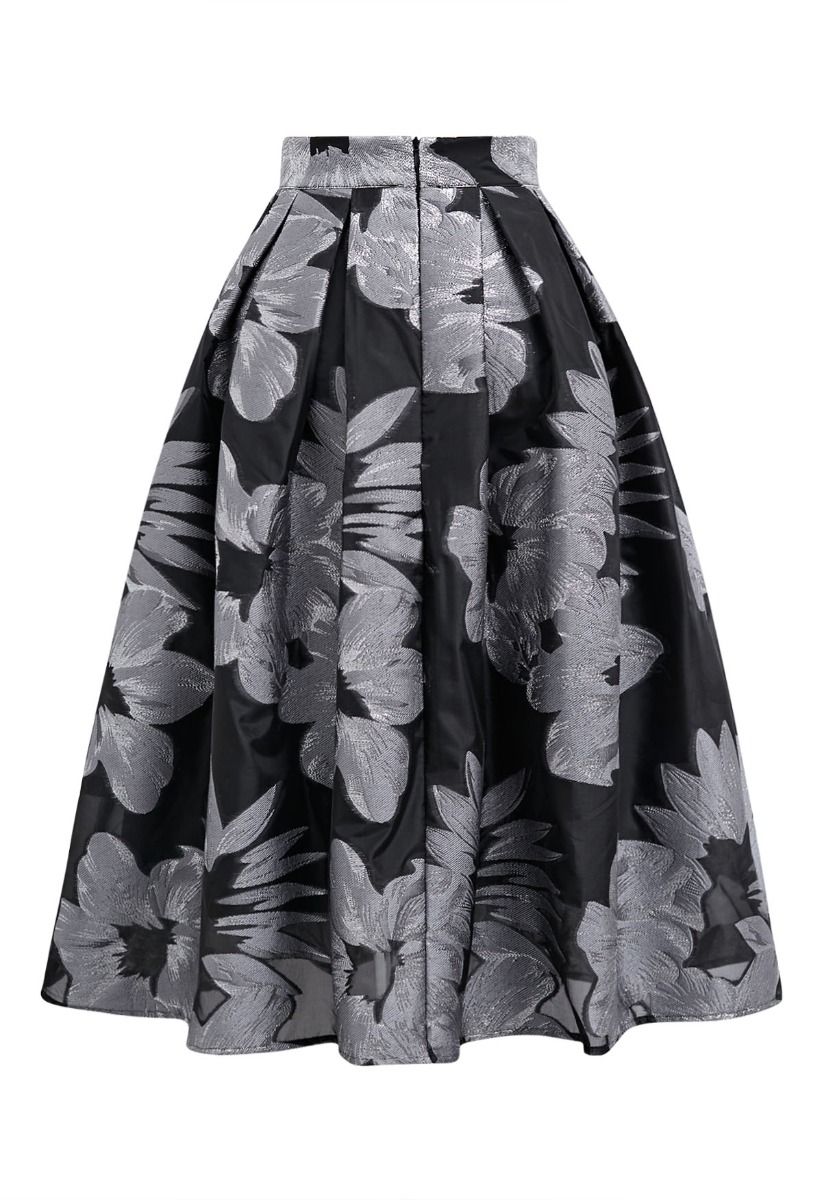 Atractiva falda midi plisada de organza con estampado floral en jacquard en color plateado