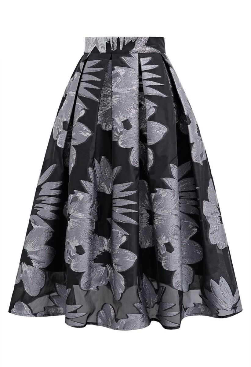 Atractiva falda midi plisada de organza con estampado floral en jacquard en color plateado