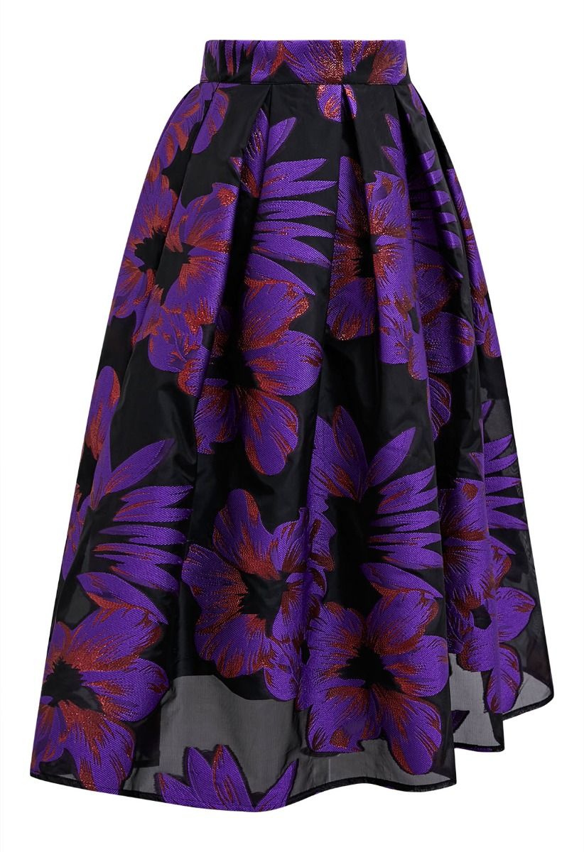 Atractiva falda midi plisada de organza con estampado floral en jacquard en color morado