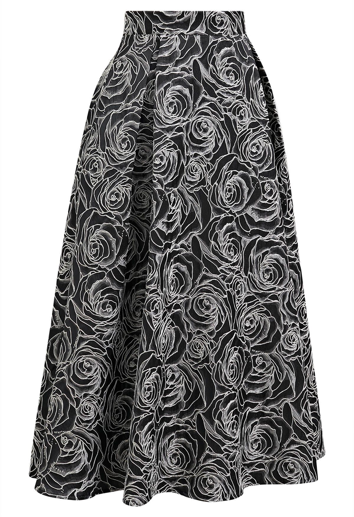 Falda midi de corte A con delicadas rosas en relieve de jacquard en color negro