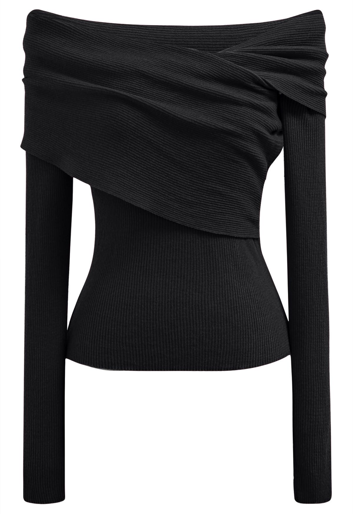 Blusa de punto con solapa y hombros descubiertos de Soft Elegance en color negro