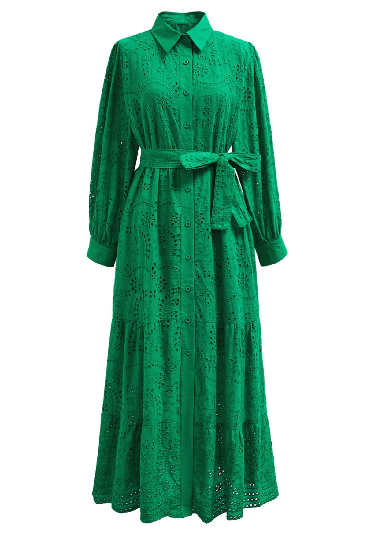 Vestido midi con botones y cintura anudada con delicado bordado de ojales en color verde