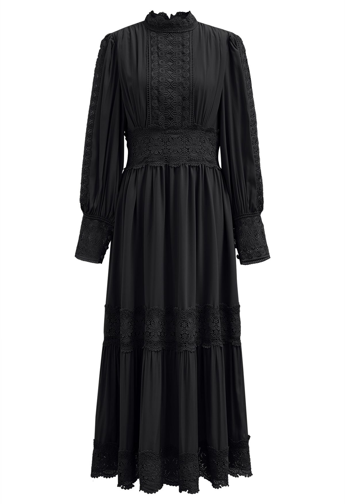 Vestido largo de encaje calado con elegancia victoriana en negro