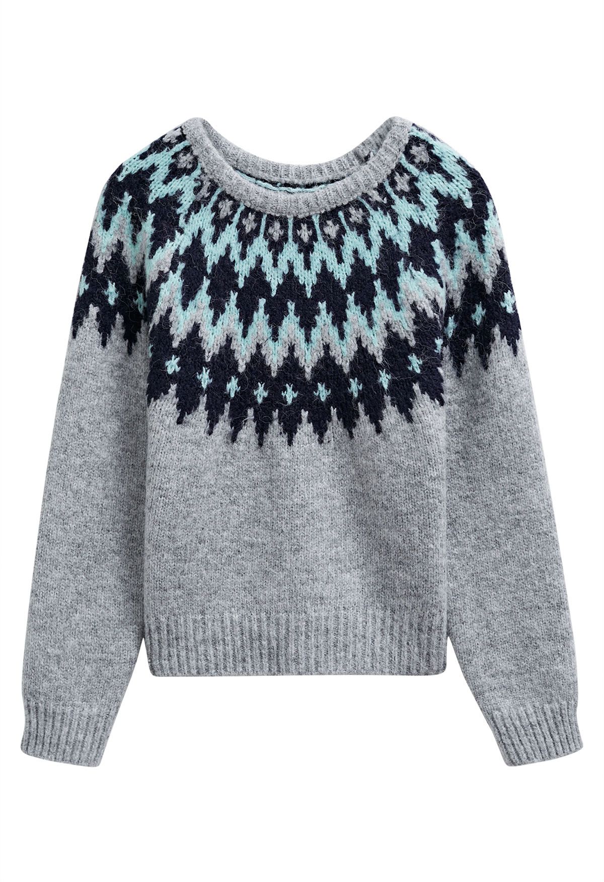 Suéter de punto acanalado Fair Isle de Winter Whimsy en gris