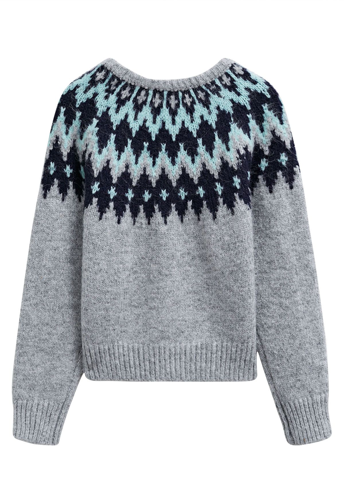 Suéter de punto acanalado Fair Isle de Winter Whimsy en gris