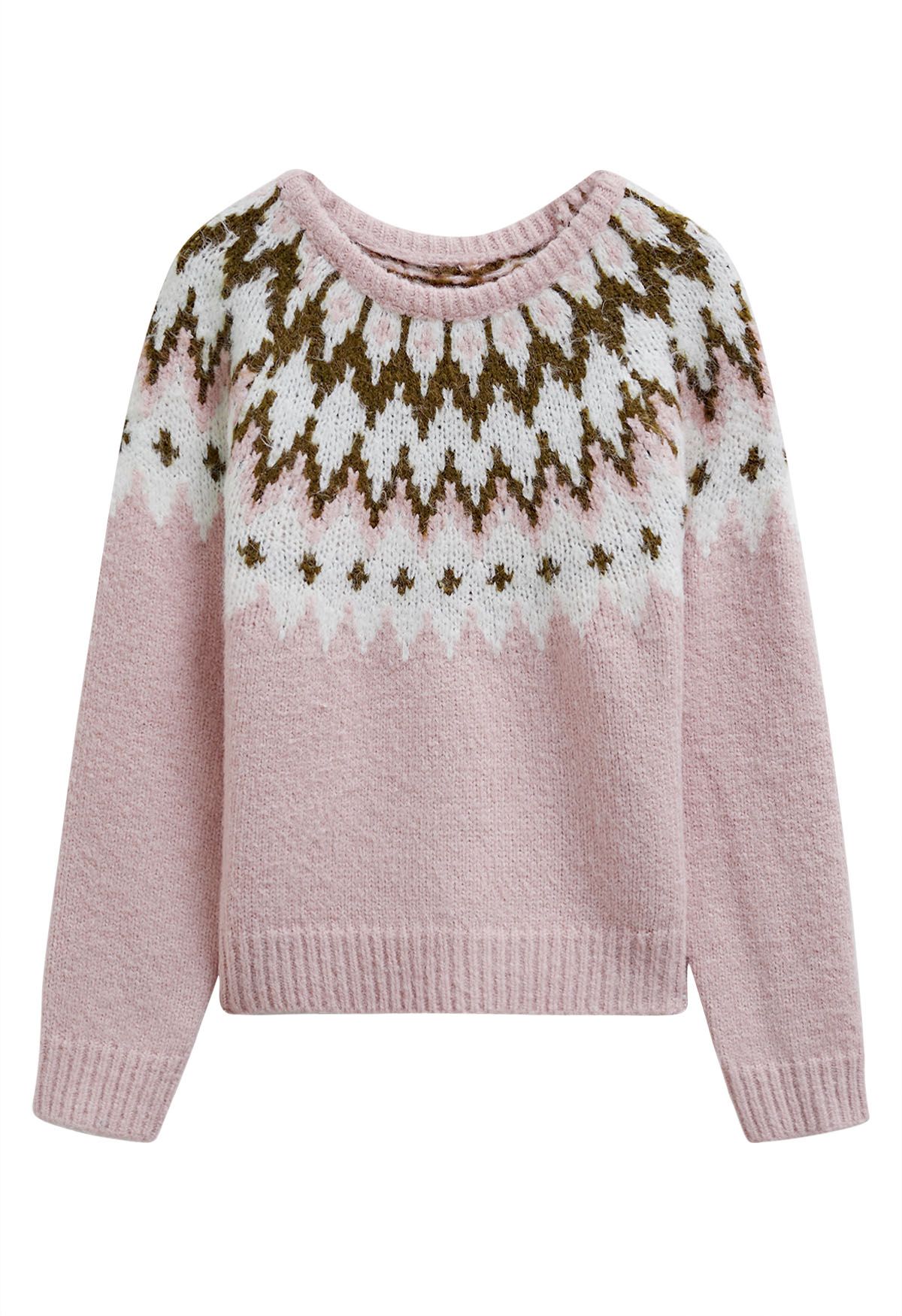 Suéter de punto acanalado Fair Isle de Winter Whimsy en rosa