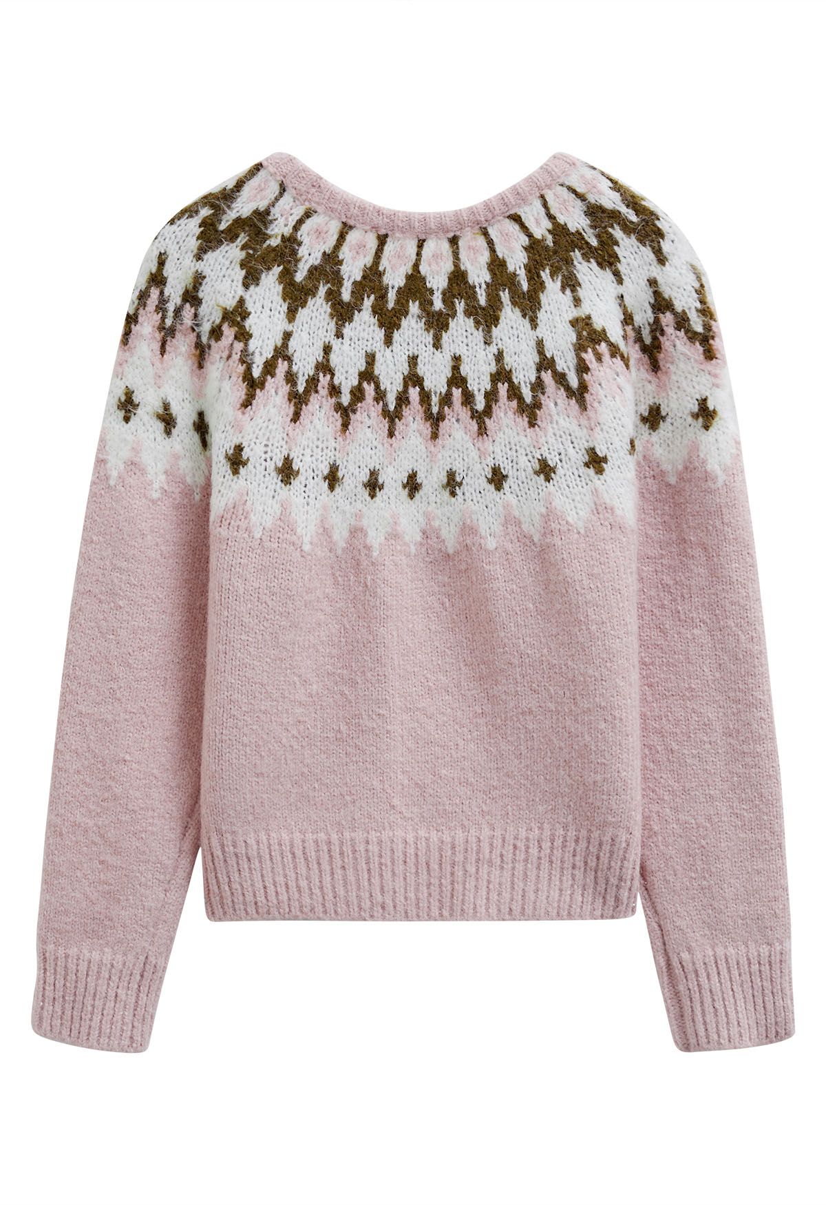 Suéter de punto acanalado Fair Isle de Winter Whimsy en rosa