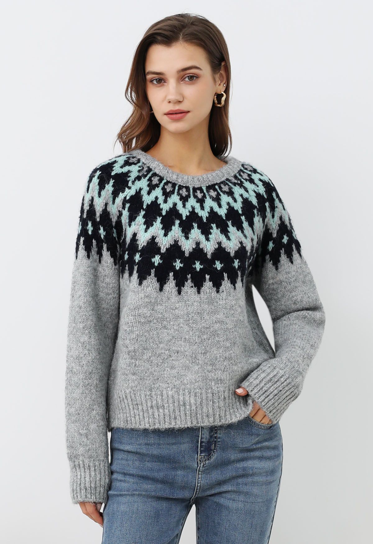 Suéter de punto acanalado Fair Isle de Winter Whimsy en gris