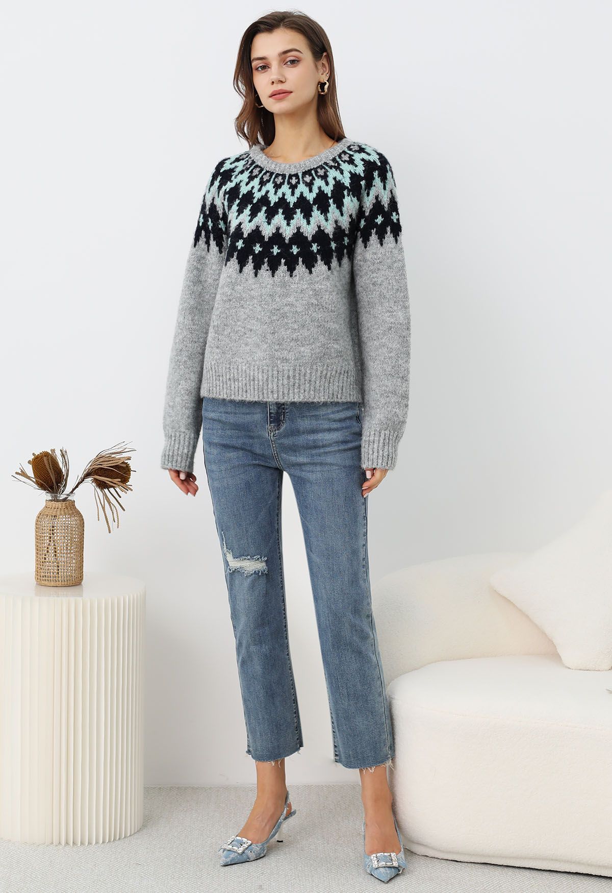 Suéter de punto acanalado Fair Isle de Winter Whimsy en gris