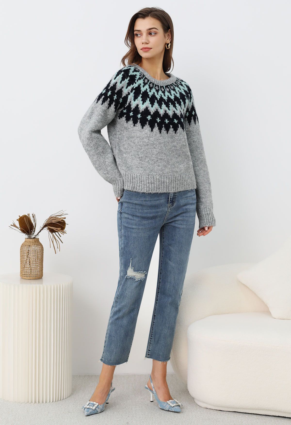 Suéter de punto acanalado Fair Isle de Winter Whimsy en gris