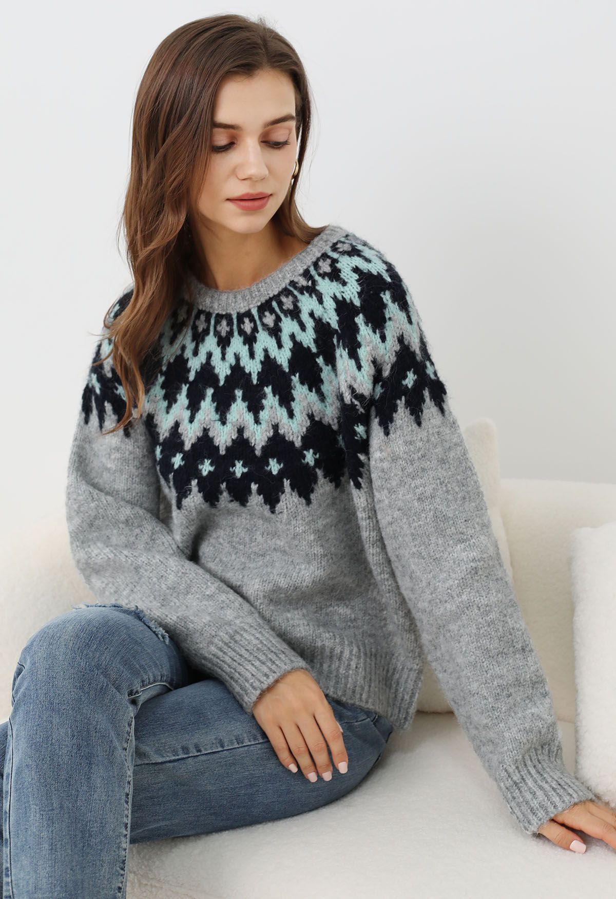 Suéter de punto acanalado Fair Isle de Winter Whimsy en gris