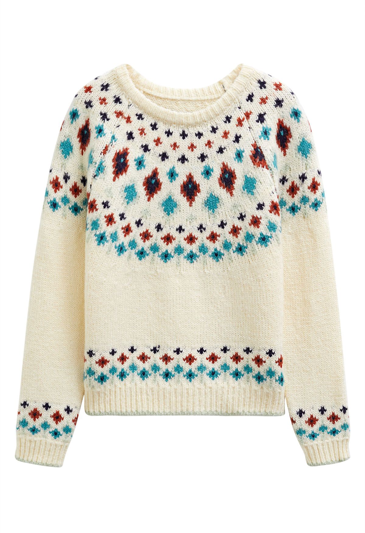 Suéter de punto Fair Isle de Snowflake Wonderland en color crema