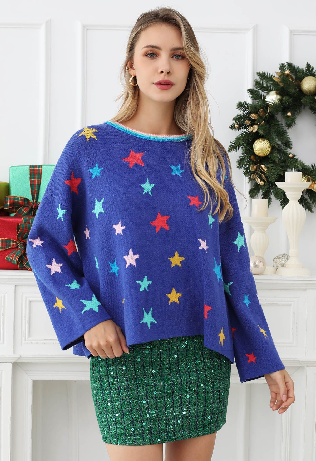 Suéter de punto con mangas acampanadas y estrellas Cosmic Charm en azul real