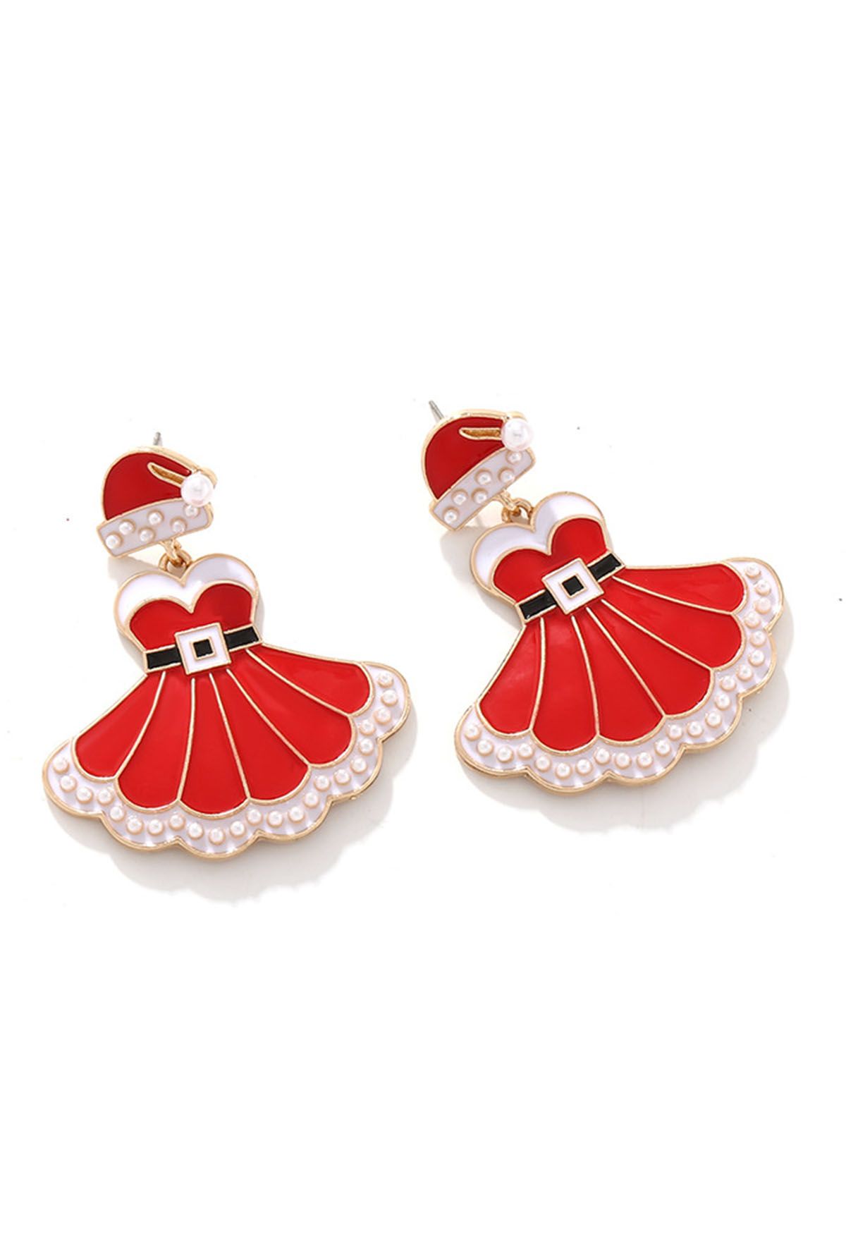 Pendientes de esmalte con forma de vestido navideño de perlas