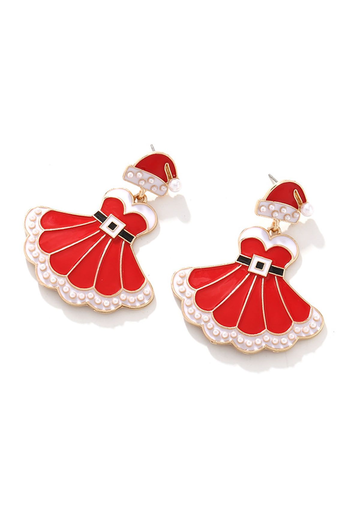 Pendientes de esmalte con forma de vestido navideño de perlas