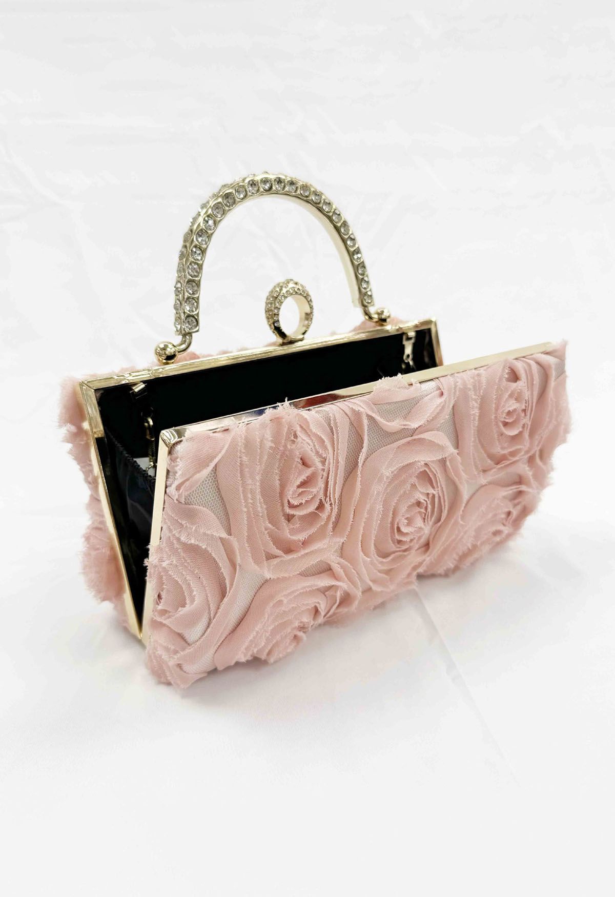 Bolso de mano con asa de diamantes de imitación en rosa opulento