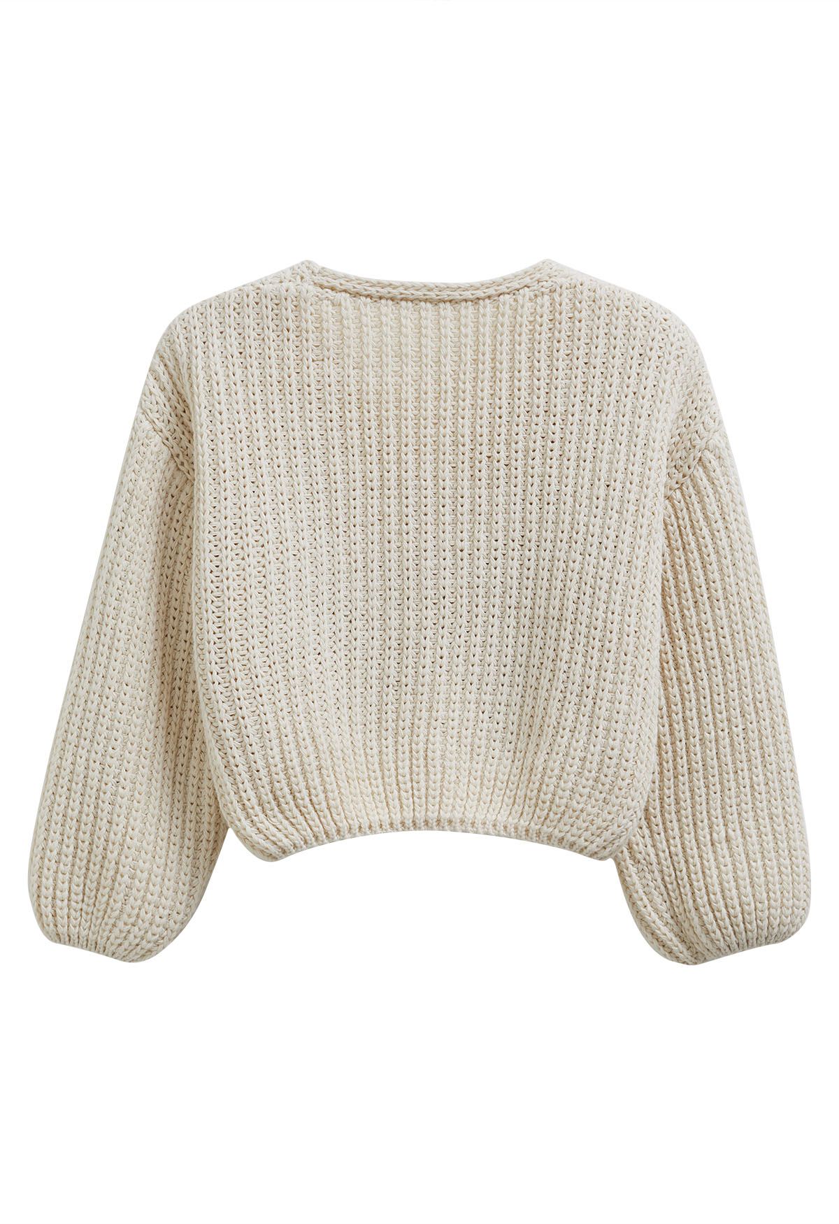 Hand-Knit Drop-Shoulder Buttoned Crop Cardigan in Ivory