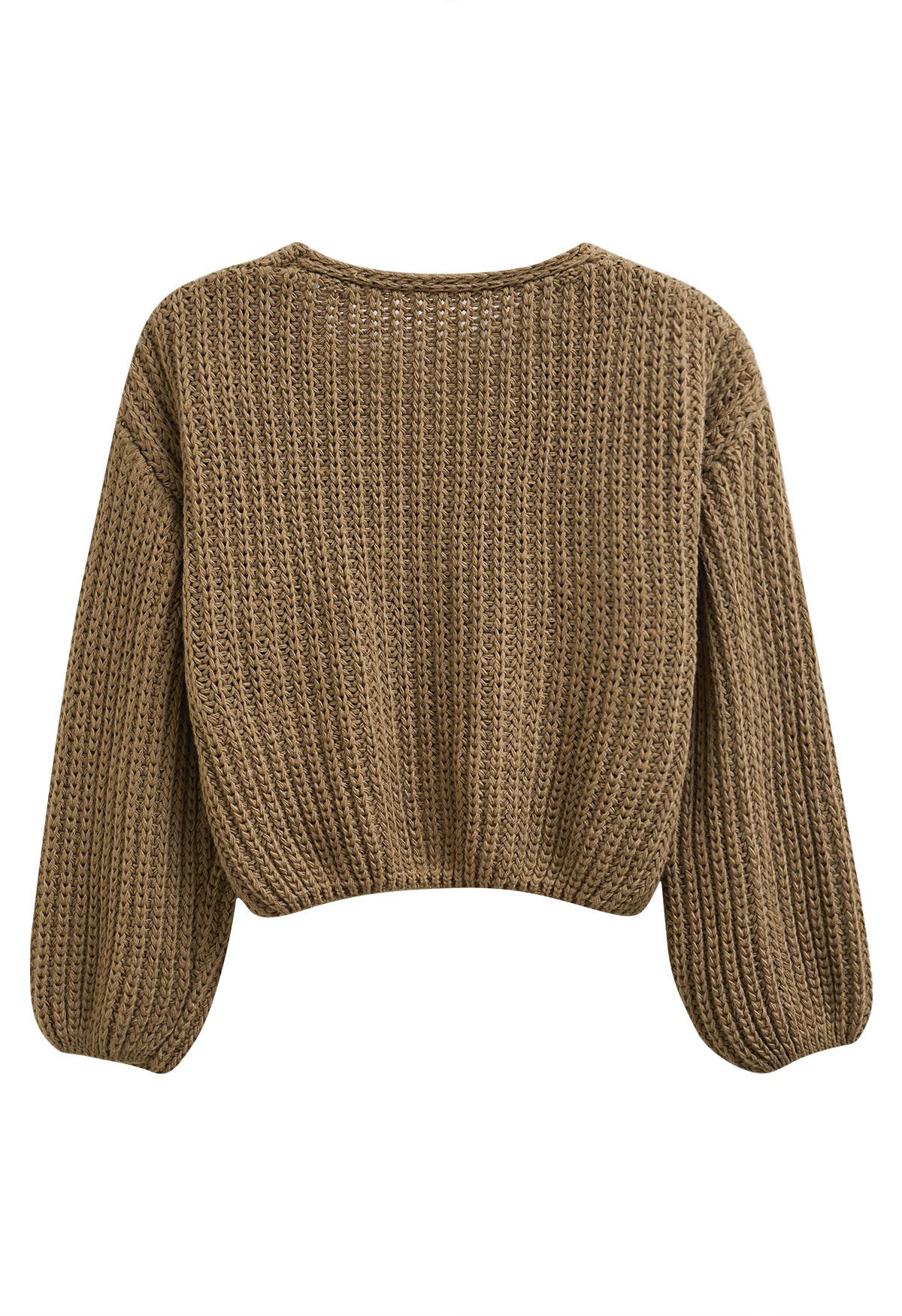 Hand-Knit Drop-Shoulder Buttoned Crop Cardigan in Khaki