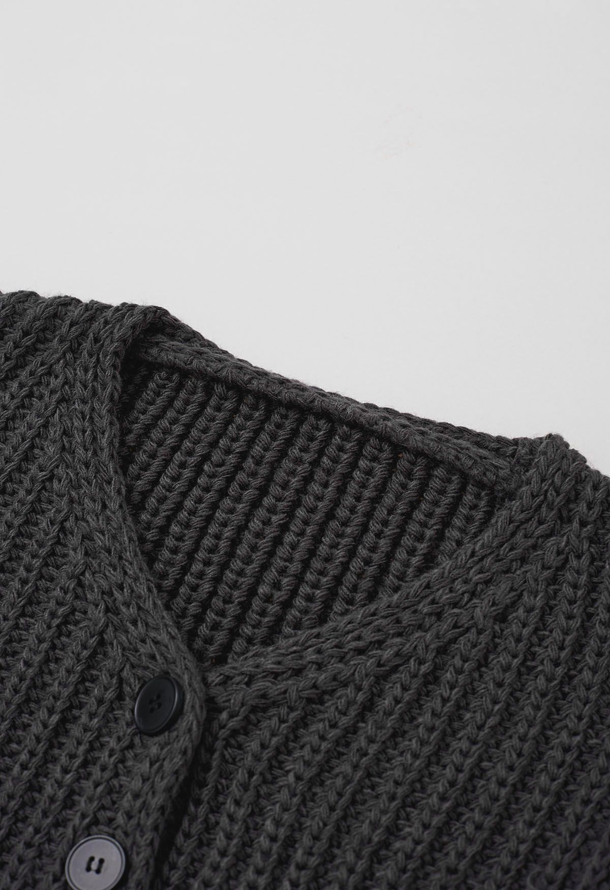 Hand-Knit Drop-Shoulder Buttoned Crop Cardigan in Smoke