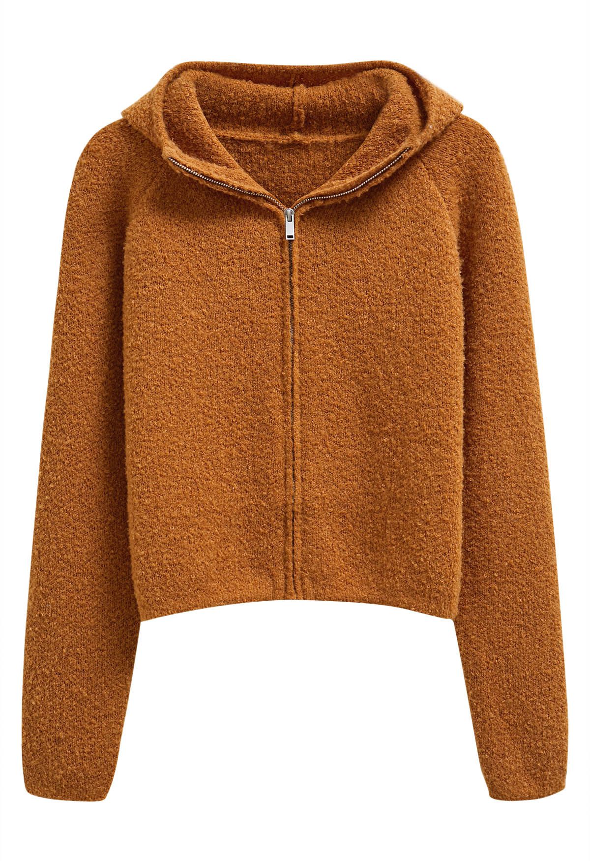 Winter Essentials Hooded Zip-Up Knit Cardigan in Orange