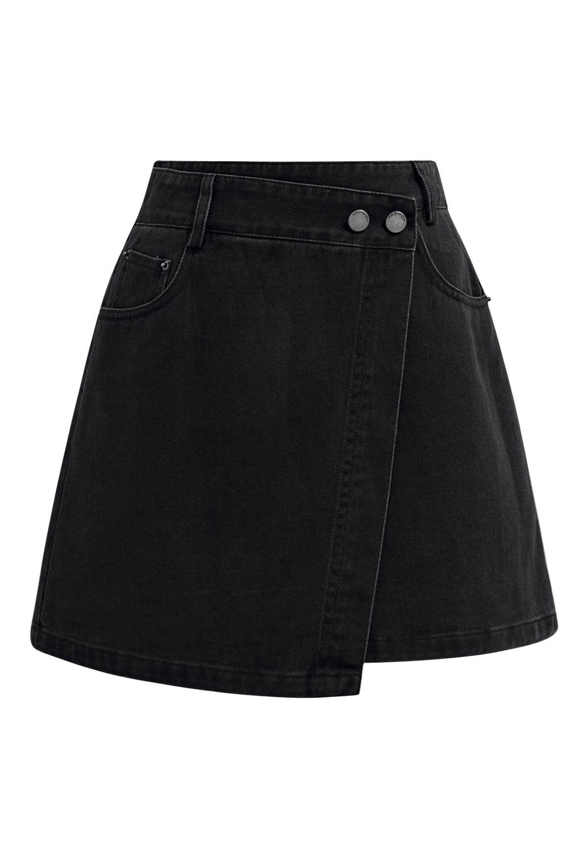 Double-Buttoned Flap Denim Mini Skirt in Black